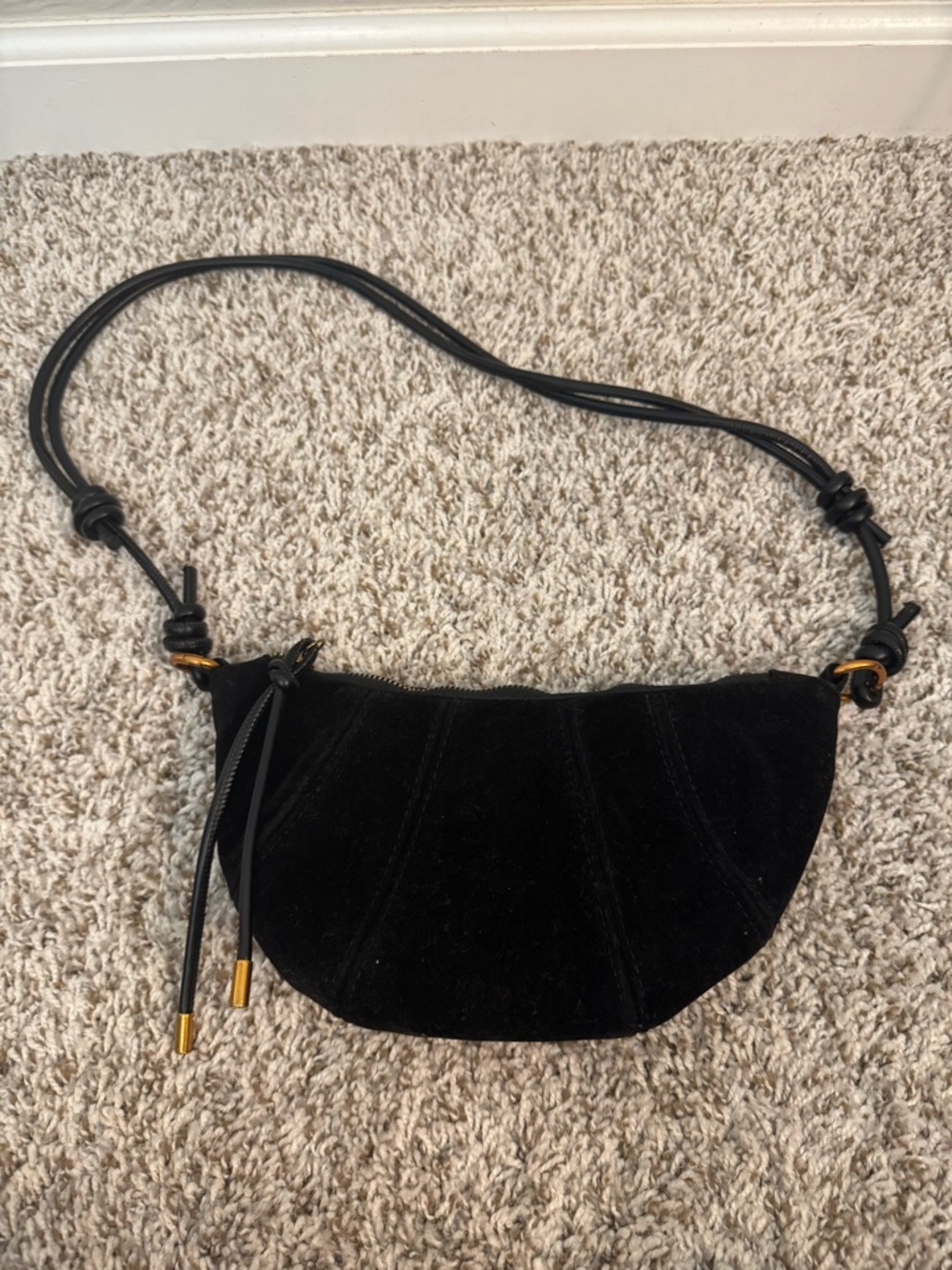 Black Suede Crescent Shoulder Bag with Gold Accents